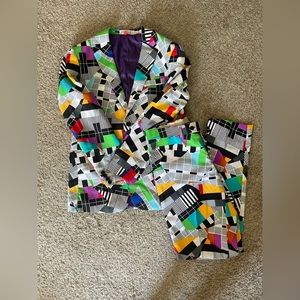 Funky colorful geometric suit.
